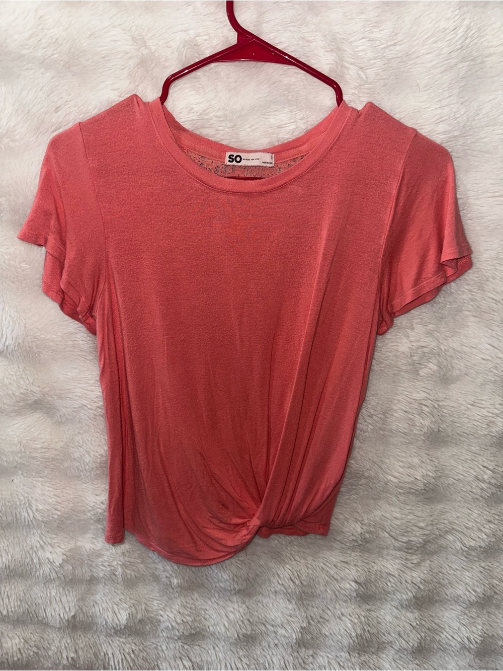 SO Coral Short Sleeve Twist-Hem Mesh Upper Back Top